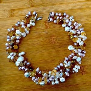 $82  Triple Strand Estate Necklace  Freshwater Pearls, Citrines, Sterling Silver